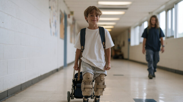 Child in leg braces navigating a school hallway confidently with a small rolling backpack, special education aide walking beside him at a careful distance, fluorescent corridor, back to school Septe