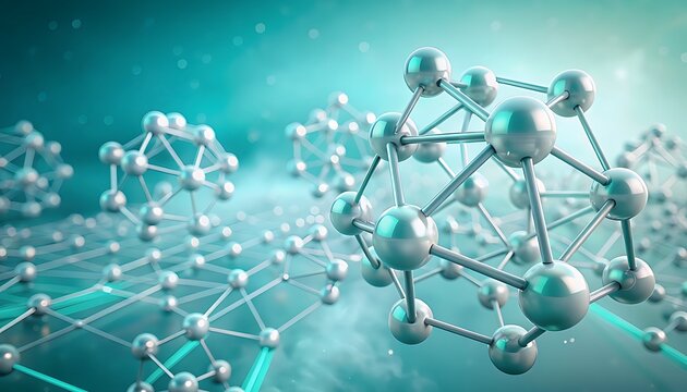 Molecular structures floating over a glowing grid on a teal background