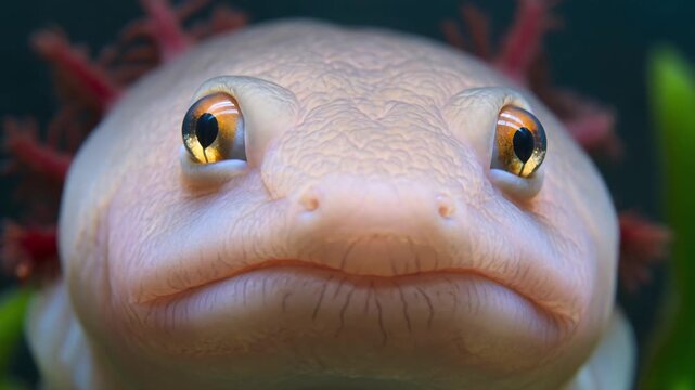 Macro close up of pink axolotl face underwater. 4K Video