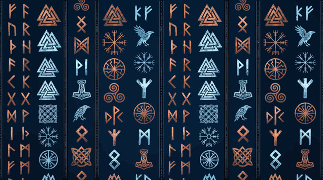 Seamless pattern of ancient Nordic runes and mythological symbols in distressed copper and silver on a dark blue background, symbolizing ancient heritage and mystic power