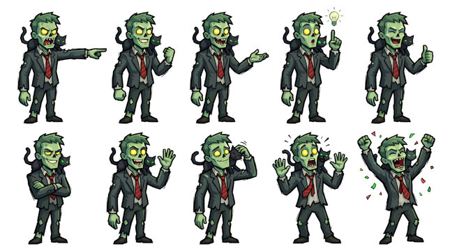 Set of Cartoon Zombie Businessman Character Poses in Professional Suit for Game Assets and Design Illustrations