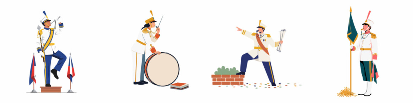 Vector illustration set of marching band members and drum majors in white and colored uniforms blowing whistles and holding flags and instruments.