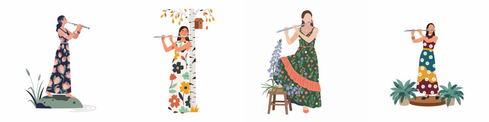 Set of four illustrations featuring women playing the flute in various nature-inspired settings, wearing beautiful floral dresses. © Selfi