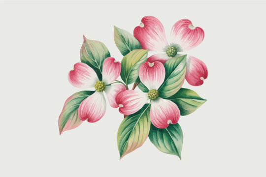Watercolor Flowering Dogwood Plant Illustration, Cornus Botanical Vector Clipart Isolated on White Background