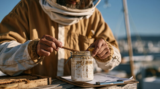 Beekeeper conducting a varroa mite alcohol wash test on a frame sample in a rooftop apiary jar, hand counter in pocket, hive inspection record on a clipboard, urban beekeeping pest management integr