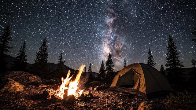 A glowing campfire in a remote mountain campsite beneath a spectacular star-filled sky