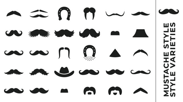 Set of black mustache silhouette icons in various shapes and styles for mens fashion and grooming illustrations