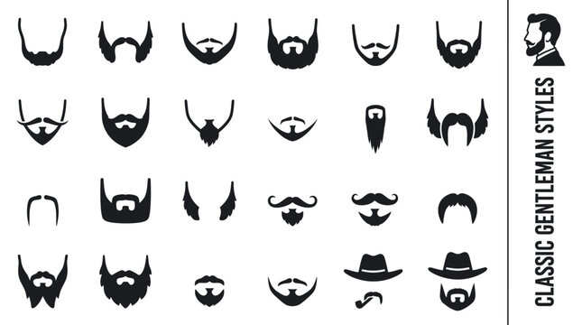 Collection of classic gentleman beard and mustache silhouette icons for barber shop branding and masculine character design