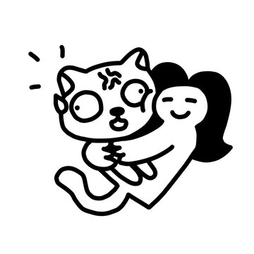 Edgy psychotic cat being hugged line art illustration
