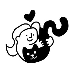 Dark indie aesthetic girl hugging cute cat line art