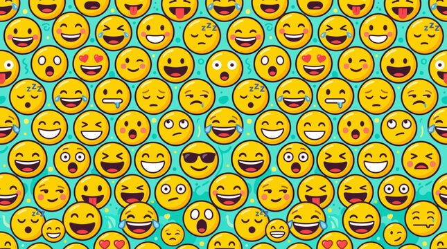 Seamless pattern background featuring a multitude of diverse yellow emoji faces expressing various emotions.