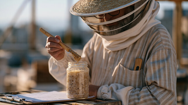 Beekeeper conducting a varroa mite alcohol wash test on a frame sample in a rooftop apiary jar, hand counter in pocket, hive inspection record on a clipboard, urban beekeeping pest management integr