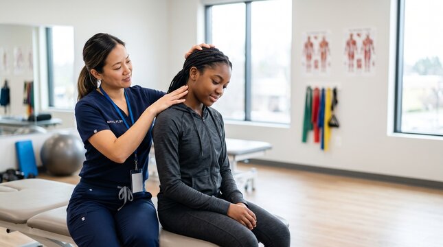 Professional Asian female physiotherapist stretching and massaging neck of young Black woman sitting on treatment table during rehabilitation therapy session in clinic