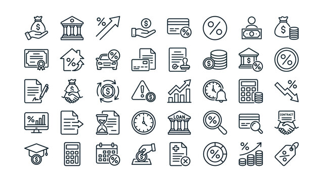 Modern financial banking and business line icons for investment loan money management and credit services a versatile collection