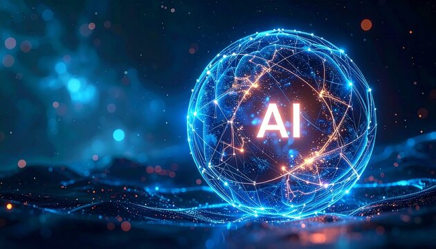 A glowing neural sphere with &ldquo;AI&rdquo; at its core, symbolizing artificial intelligence, data connectivity, and technological evolution.