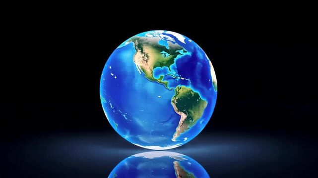 Holographic Earth globe floating above reflective surface