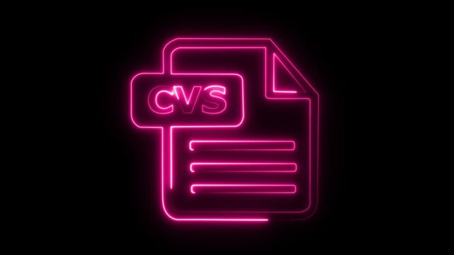 Glowing neon cvs file animation, digital data document symbol for software development and tech interface