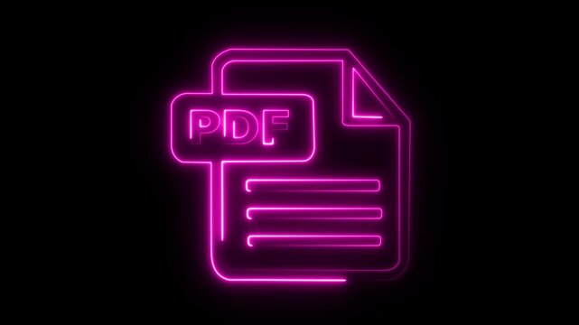 Neon pink pdf document file glowing animation, digital paperless office symbol, data management and electronic file format concept for tech interface
