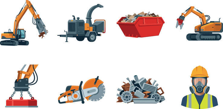 Set of heavy demolition and recycling machinery icons for industrial waste management and scrap metal processing design