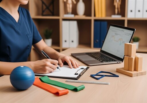 Occupational Therapist Writing Patient Notes at Desk with Rehabilitation Tools