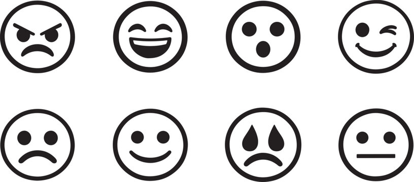 Emoticons and emoji faces set in flat style. Happy and sad expressions. Vector EPS icon collection.