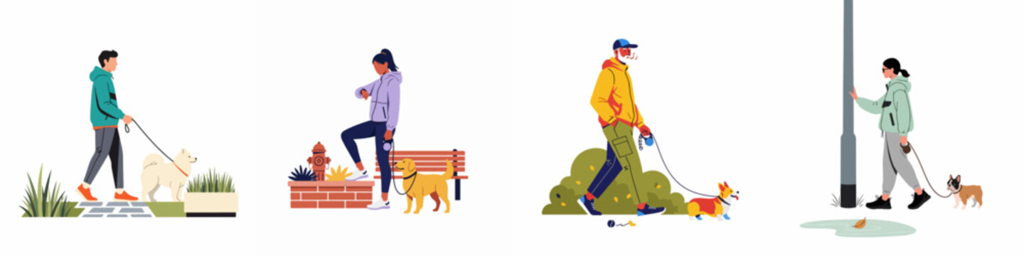 Flat vector illustration set showing diverse people walking their dogs in various urban and outdoor park settings.