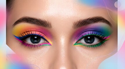Naklejka premium Detailed macro portrait of eyes featuring artistic multi-colored rainbow