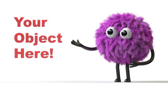 Fluffy, cute monster presents a space for "Your Object Here!" 3D rendering, promotional image. Isolated on white background.