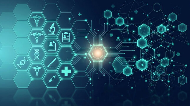 Digital abstract with medical icons in hexagons and connected nodes, symbolizing healthcare, science, and technology integration