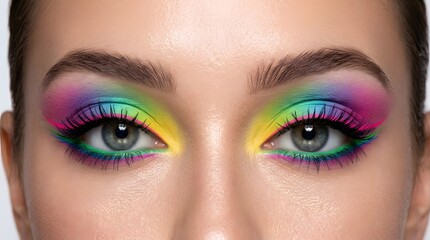 Naklejka premium Rainbow eyeshadow makeup look on woman close up with eyeshadow, colorful