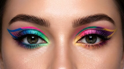 Naklejka premium Creative rainbow graphic eyeliner art on woman eyes with eyeliner, cosmetic