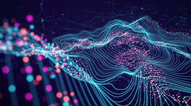 Abstract network of glowing cyan lines and pink dots against a dark blue background, symbolizing data flow and digital connection, suitable for technology concepts.