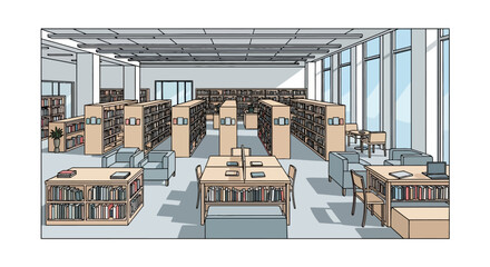 Modern library interior with wooden bookshelves and reading area © andi