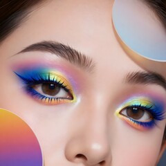 Naklejka premium Vivid rainbow artistic makeup with sharp winged eyeliner eyeshadow eyeliner