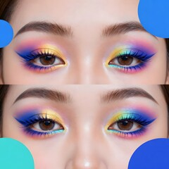 Naklejka premium Dual rainbow eyeshadow aesthetic close-up with eyeshadow eyeliner cosmetics