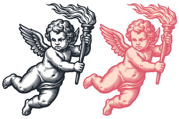 Naklejka premium Vector engraving illustration of two flying cupids holding flaming torches. Vintage cherub with fire graphic art in monochrome and pink on white background.