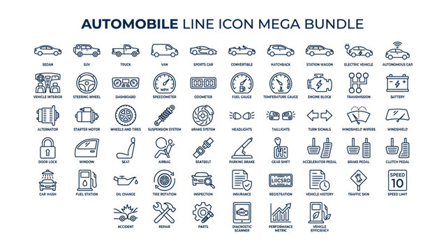 Comprehensive automobile line icon mega bundle featuring various car parts and vehicle services collection