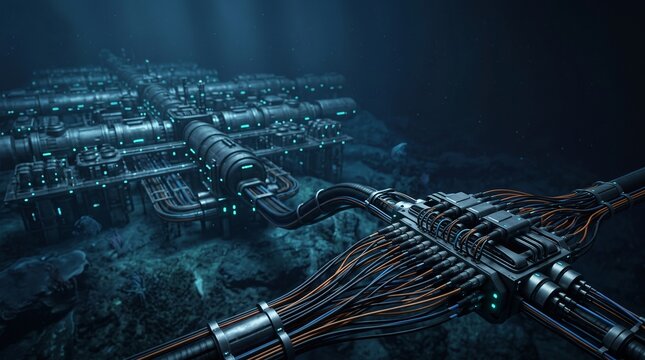 Massive subsea fiber optic telecommunication transceiver hub 3D illustration with copy space
