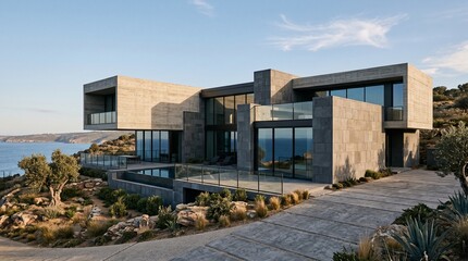 Fototapeta premium A photo of an ultra-modern, rectilinear architectural house. The building is constructed from massive.