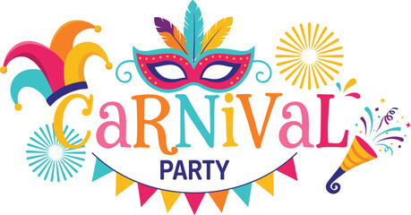 Bright carnival festival typography featuring masquerade mask party decorations festive flat vector celebration banner design illustration © Mominul