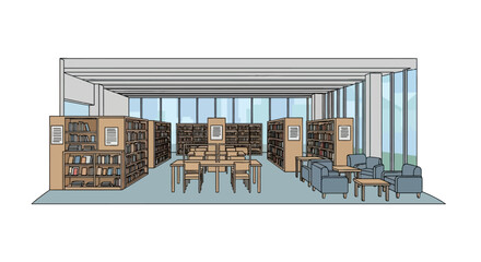 Spacious library interior with bookshelves and study area © andi