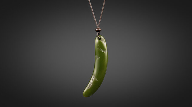 siderite. A slender green jade pendant shaped like a silique on a dark background. event programs, museum guides, designed for cultural heritage projects and event programs, used by fitness trainers.