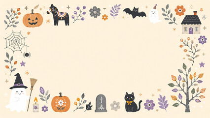 Fototapeta premium 北欧風デザインのハロウィンのフレーム飾りイラスト