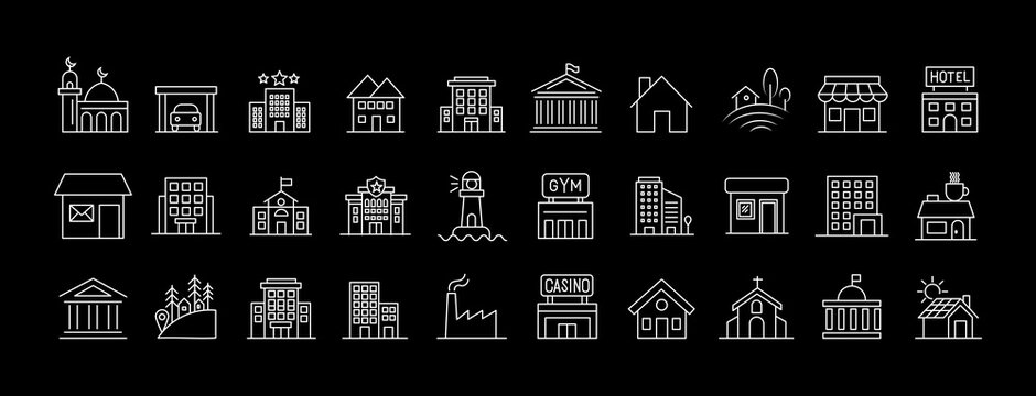 Real estate and public building line icon set with editable stroke house hotel school mosque bank church and factory vector illustration. Simple minimalist linear apartment home structure pixel perfec