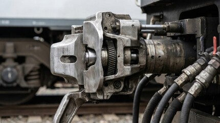Fototapeta premium Close-up of a dirty, industrial train coupling mechanism with hoses attached.