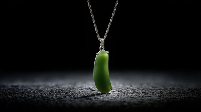 siderite. A slender green jade pendant shaped like a silique on a dark background. event programs, museum guides, designed for cultural heritage projects and event programs, used by fitness trainers.