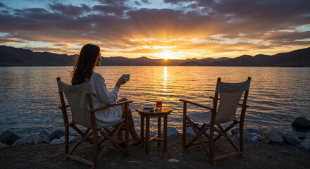 Fototapeta premium A woman sits in a folding camp chair holding a cup beside a calm mountain lake, watching a dramatic golden sunset reflect across the water in peaceful solitude.