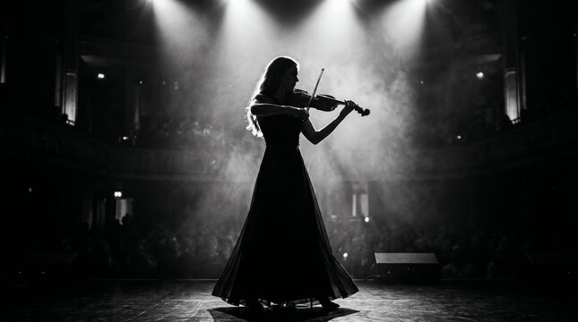 A black and white image of a woman in a long gown playing violin as a silhouette on stage, lit by a single dramatic spotlight with soft smoke and an audience.