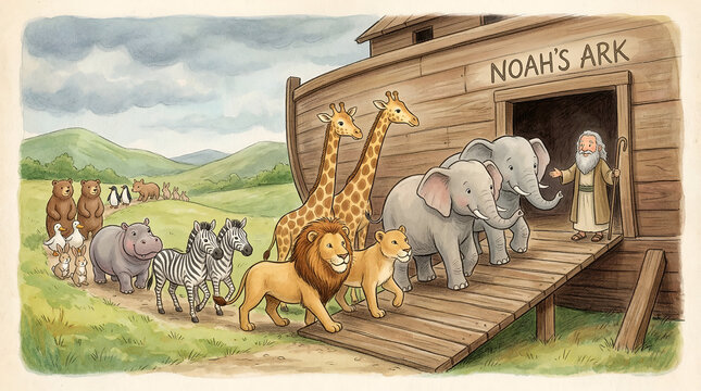 pairs of wild animals boarding wooden noahs ark up steep ramp