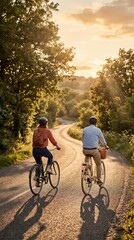 Fototapeta premium Couple cycling together on a serene country road at sunset